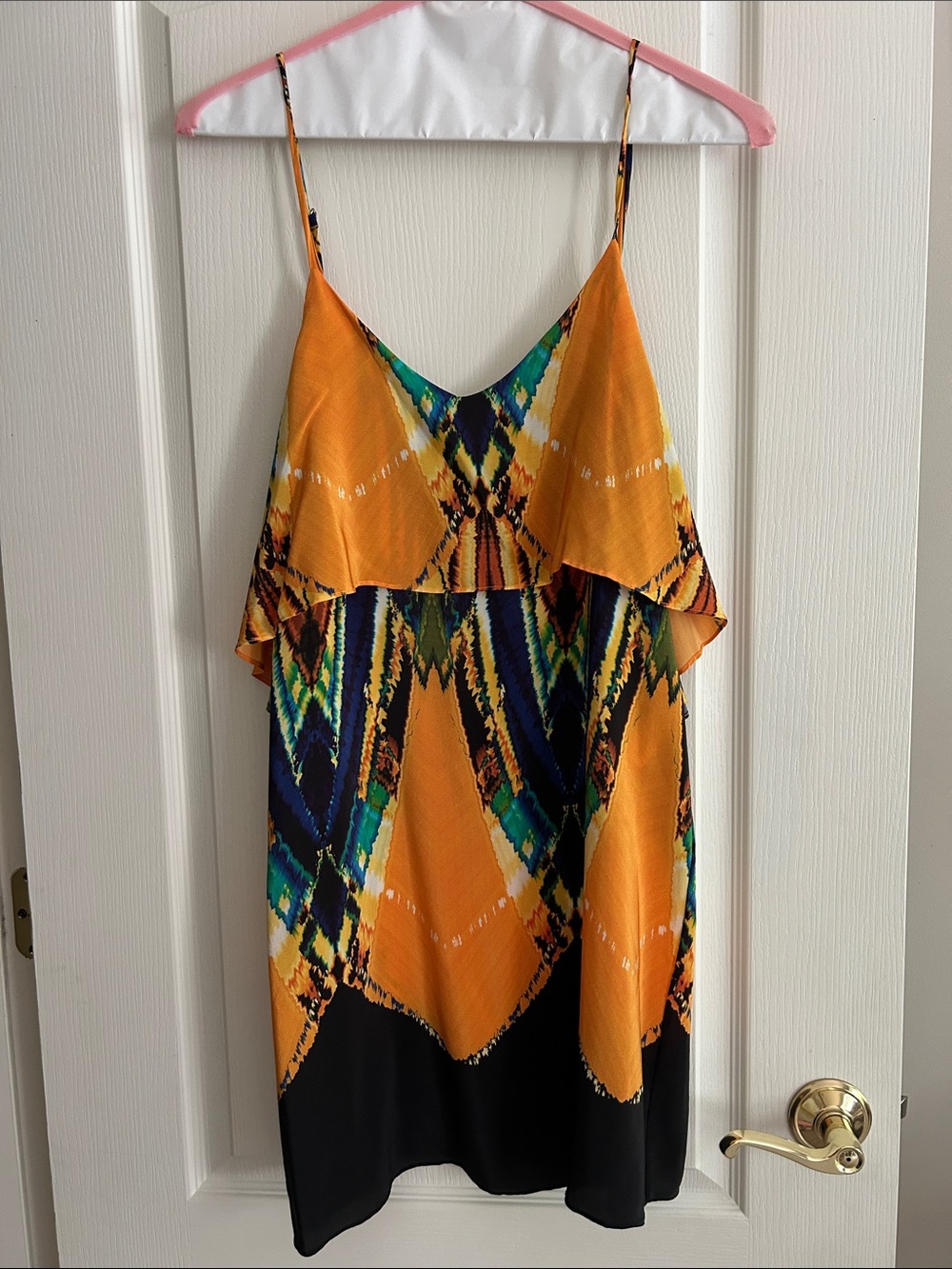 Vix Women’s Yellow & Multicolor adjustable Strap V back Sill dress small
